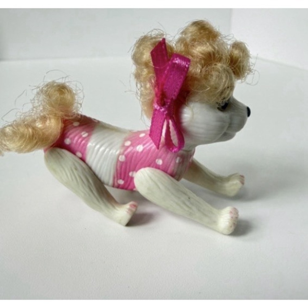 Barbie White Poodle Dog Blond Curly Hair Pink Bows Movable Feet Toy Figure - Picture 4 of 5